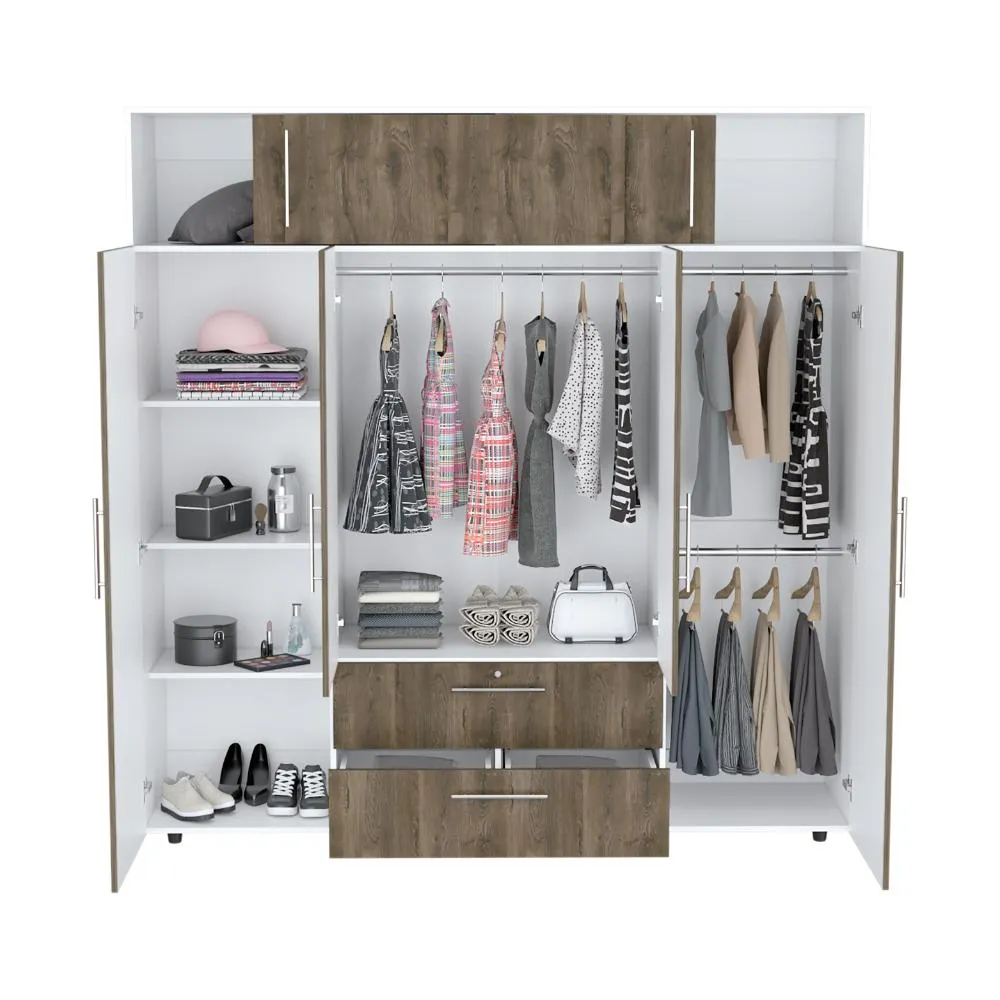 Closet Babel, Nogal Y Blanco, Con Cuatro Puertas Abatibles y Cuatro Cajones Multiusos